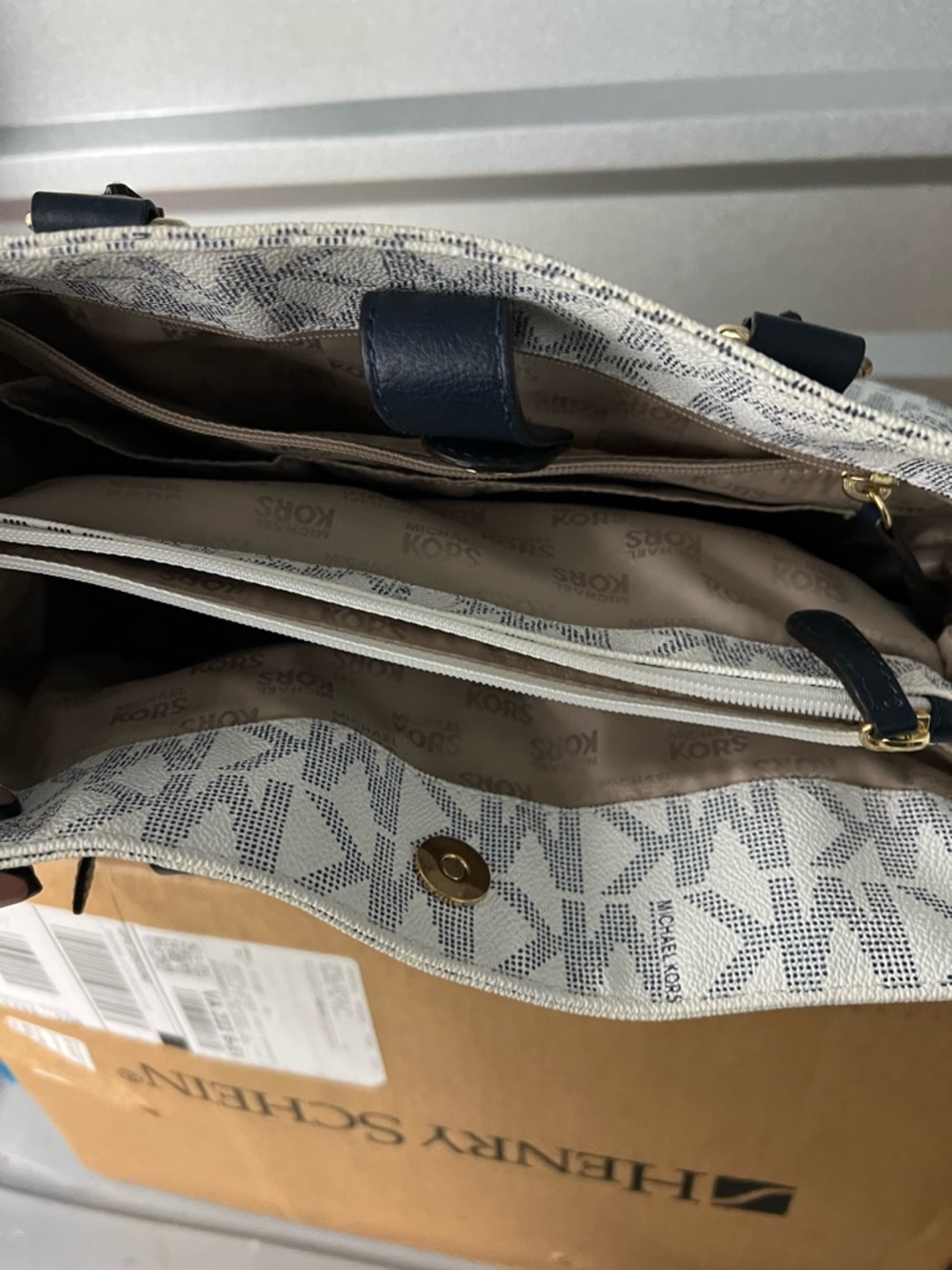 Michael Kors Cream MK-Print Tote with Navy Accents